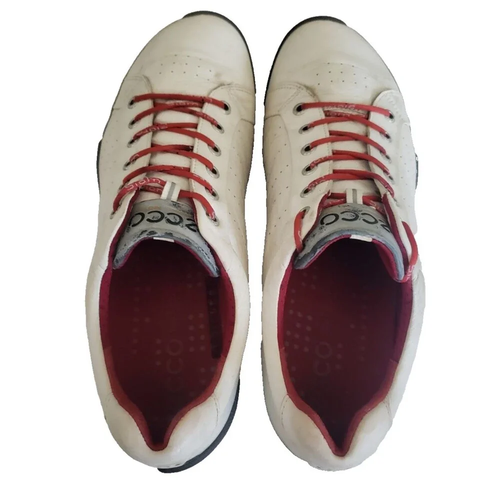 ECCO Biom Hybrid Golf Shoes Mens SZ 10.5 White Red Yak Leather Spikeless Natural